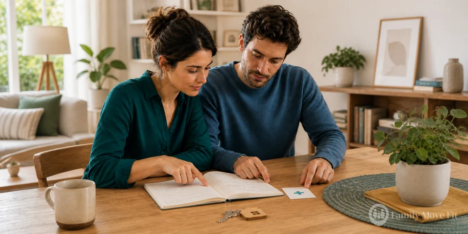 Two adults reviewing housing cost notes and healthcare information together at a table.