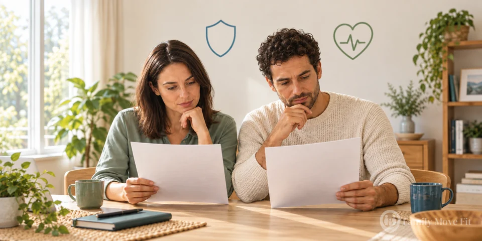 Two adults at home reading separate papers, with small shield and heart illustrations representing insurance and healthcare.